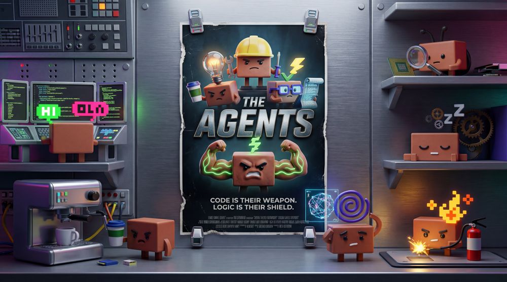 Cardboard mascots work in a high-tech command centre with displays, posters and illuminated tech.