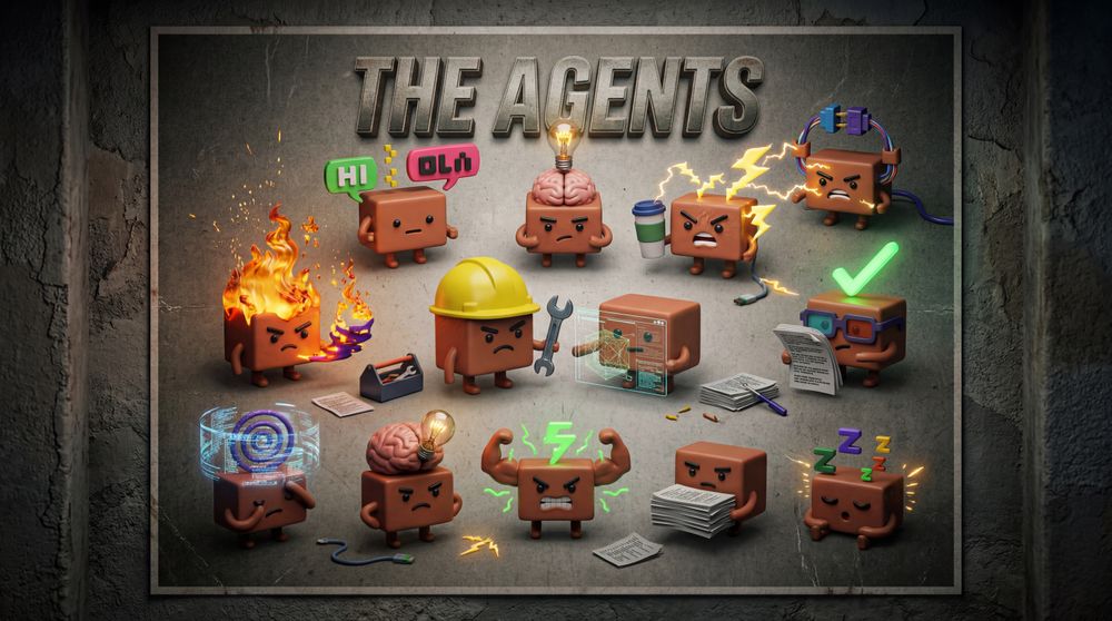 Cardboard mascots pose as a dynamic team on a movie-poster-style backdrop with glowing effects.