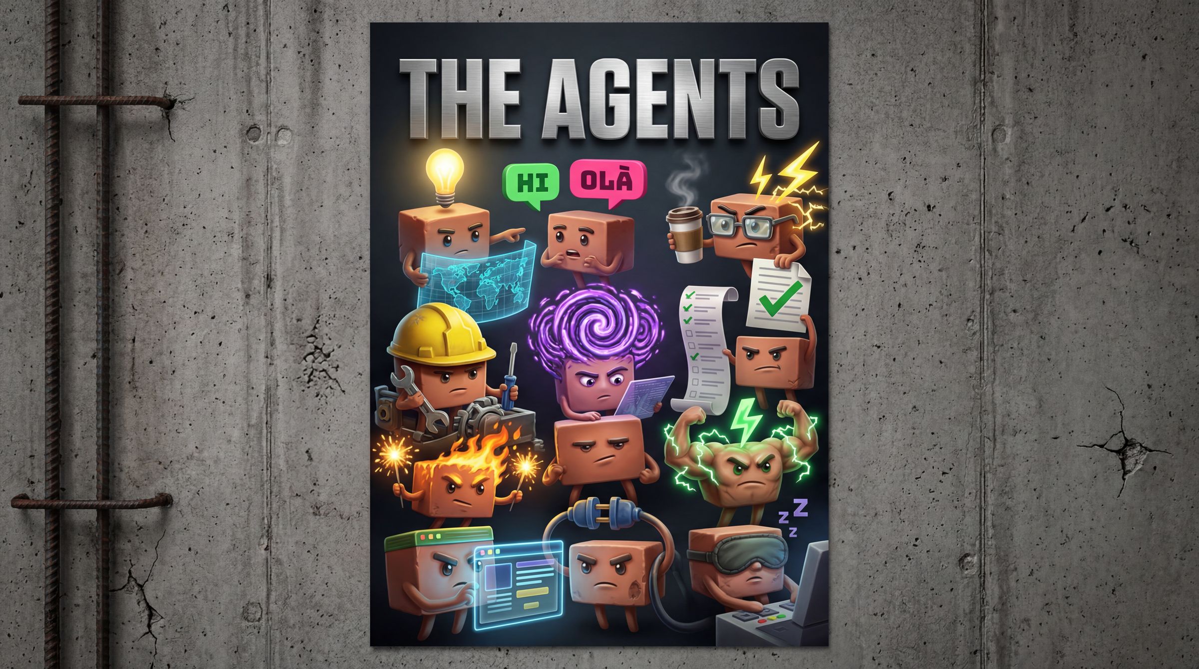 A movie poster featuring cardboard mascots as agents hangs in an industrial concrete warehouse setting.