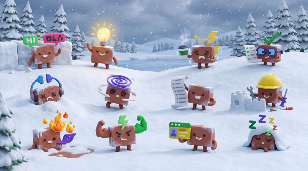 Cardboard mascots engage in activities across a frozen landscape with evergreens and snowy terrain.