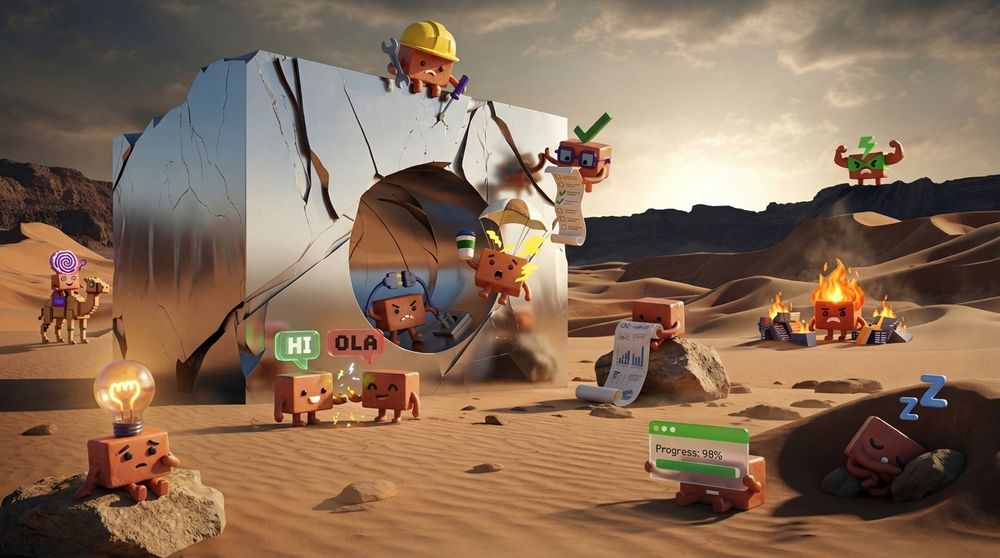 Cute cardboard mascots transport goods across a vast desert using a massive cargo truck as their base camp.