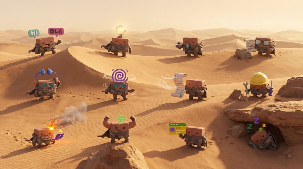 Claude mascots in adventurer gear trek across rolling sand dunes at sunset, flexing, sleeping and sending messages across the desert.