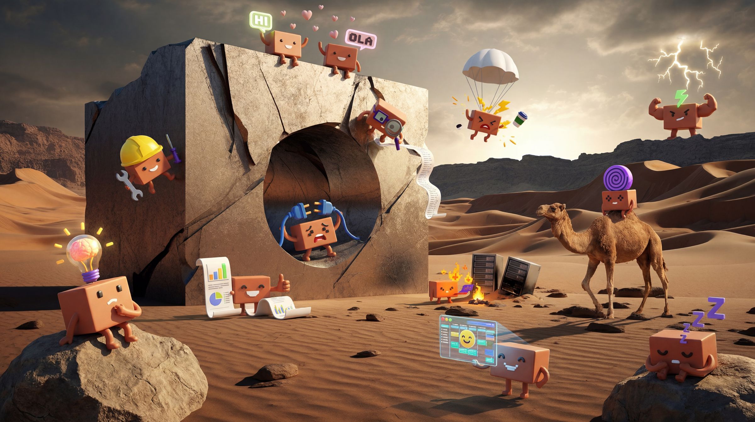 Cardboard mascots explore a sandy desert with tools, camp gear and mystical floating symbols.