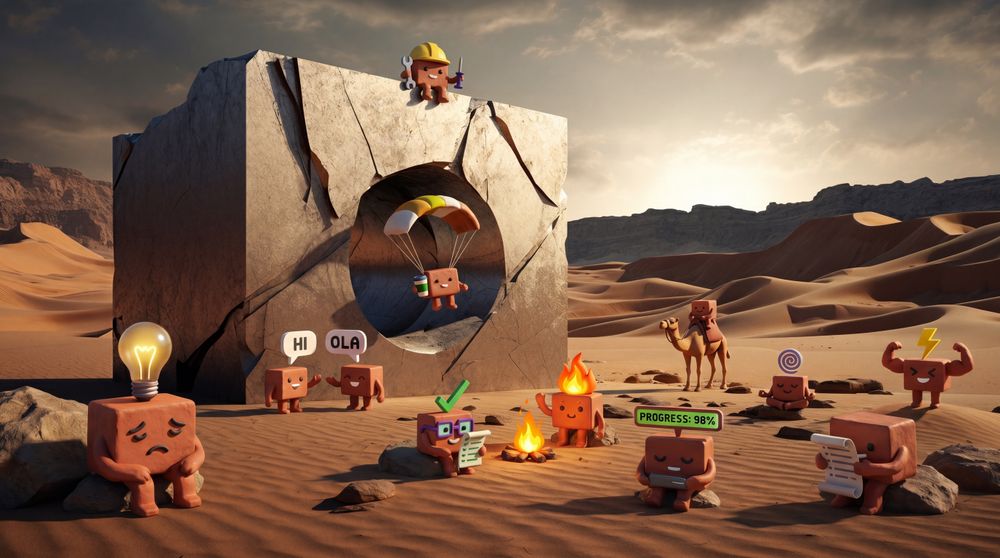 Cardboard box mascots operate a bustling workshop and construction site in an arid desert landscape.