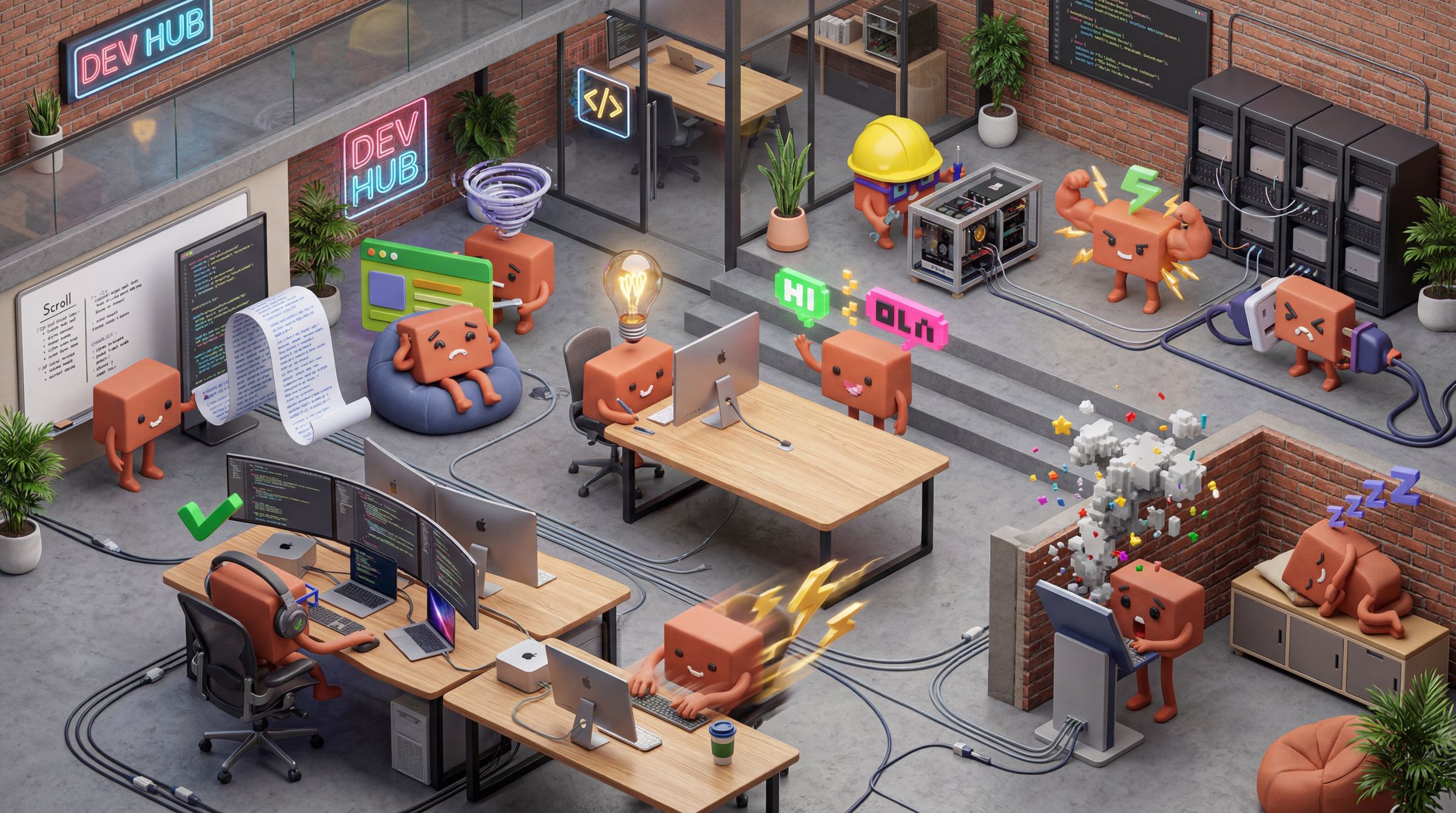 Cardboard mascots work in a modern development hub with desks, monitors, plants and tech equipment.