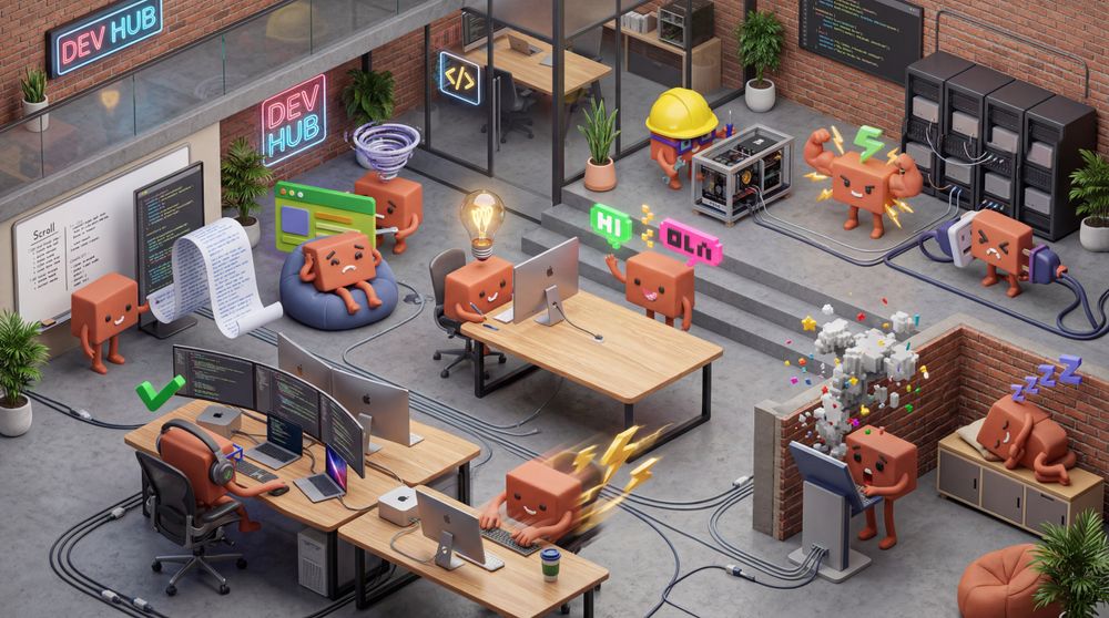 Cardboard mascots work in a modern development hub with desks, monitors, plants and tech equipment.