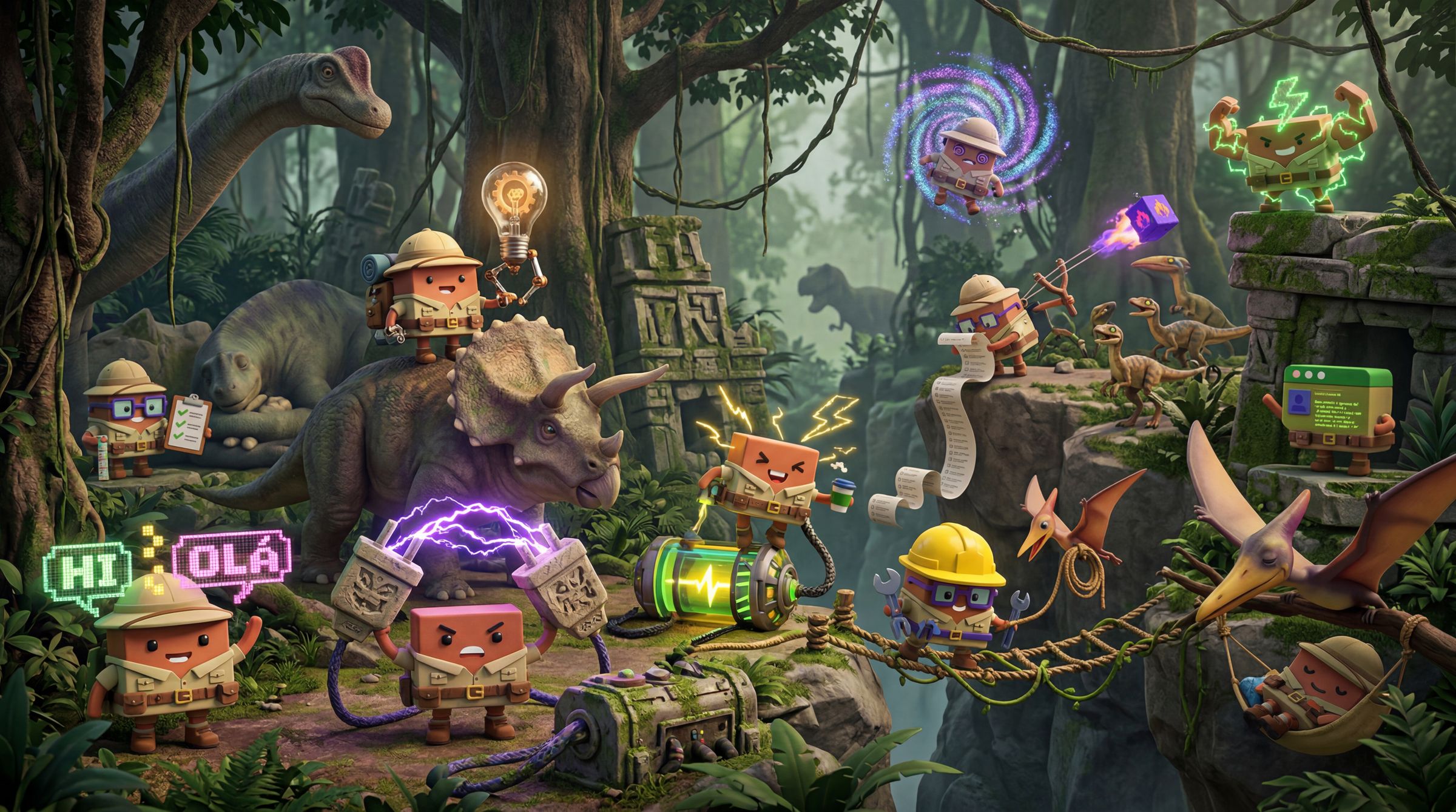 Cardboard mascots operate a jungle research station surrounded by dinosaurs and mystical glowing orbs.