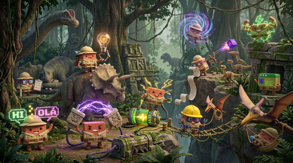 Cardboard mascots operate a jungle research station surrounded by dinosaurs and mystical glowing orbs.