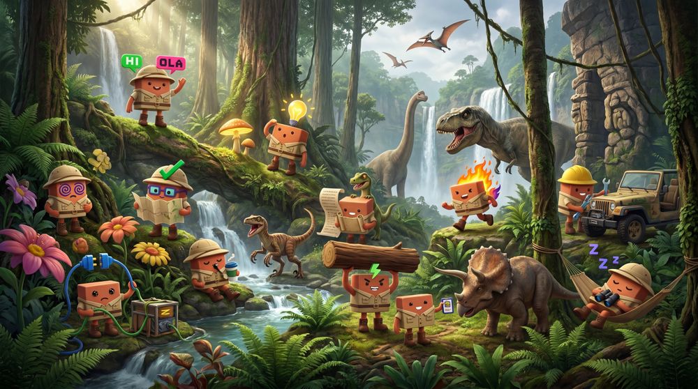 Cardboard mascots explore a verdant jungle with dinosaurs, waterfalls and archaeological equipment.