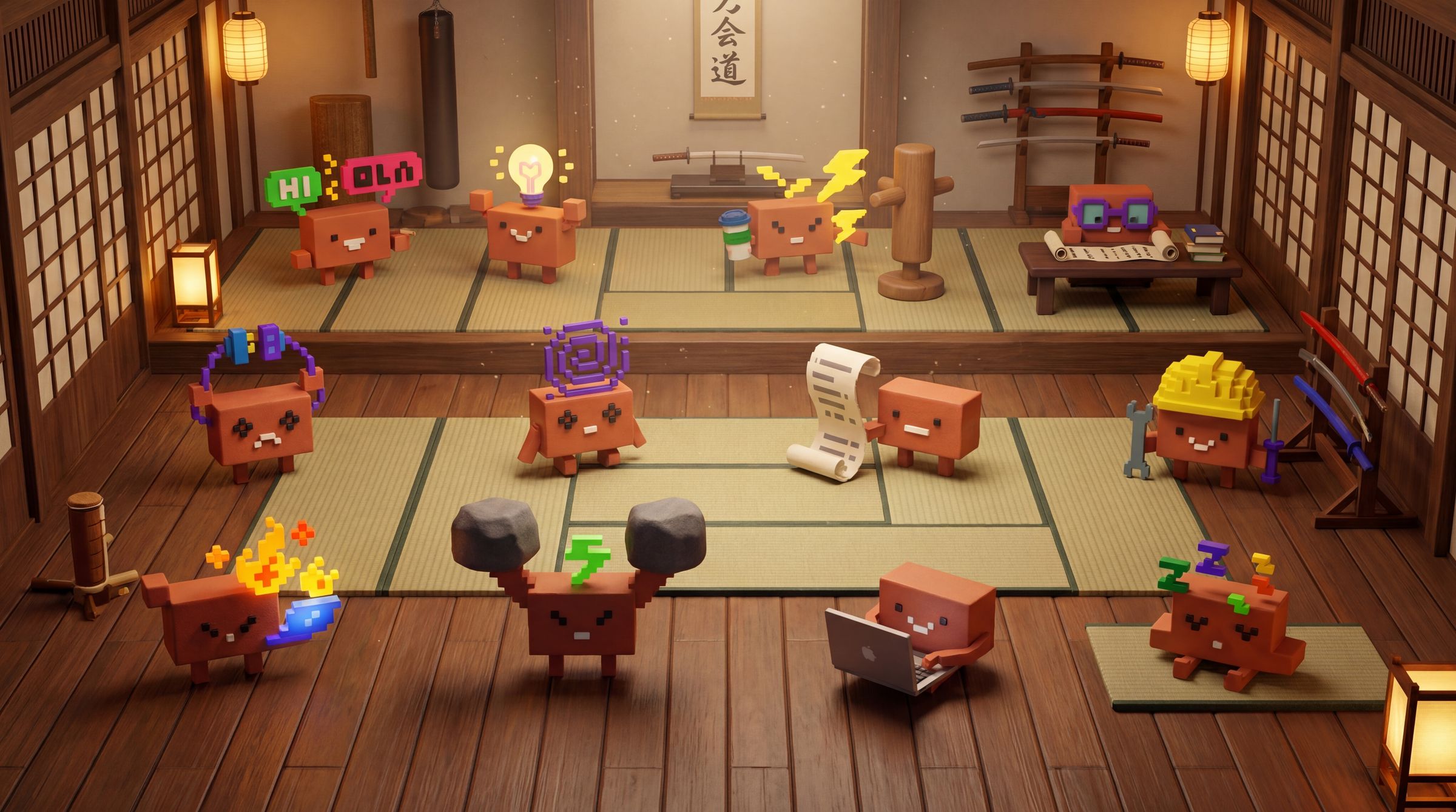 Cardboard mascots train and practice in a traditional Japanese dojo with tatami mats and martial-arts equipment.