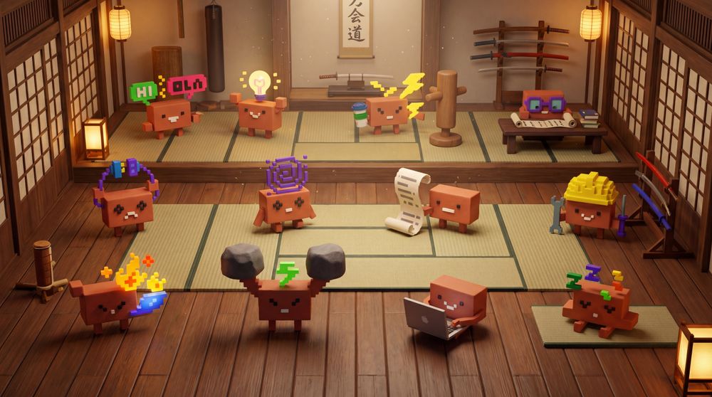 Cardboard mascots train and practice in a traditional Japanese dojo with tatami mats and martial-arts equipment.