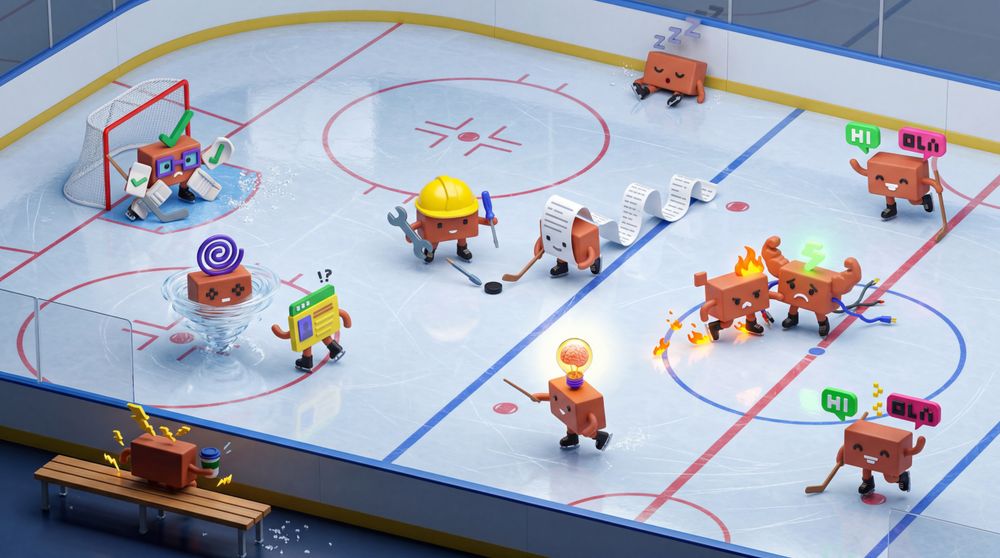 Cardboard mascots play an intense hockey match on ice with goal nets, sticks and competitive energy.
