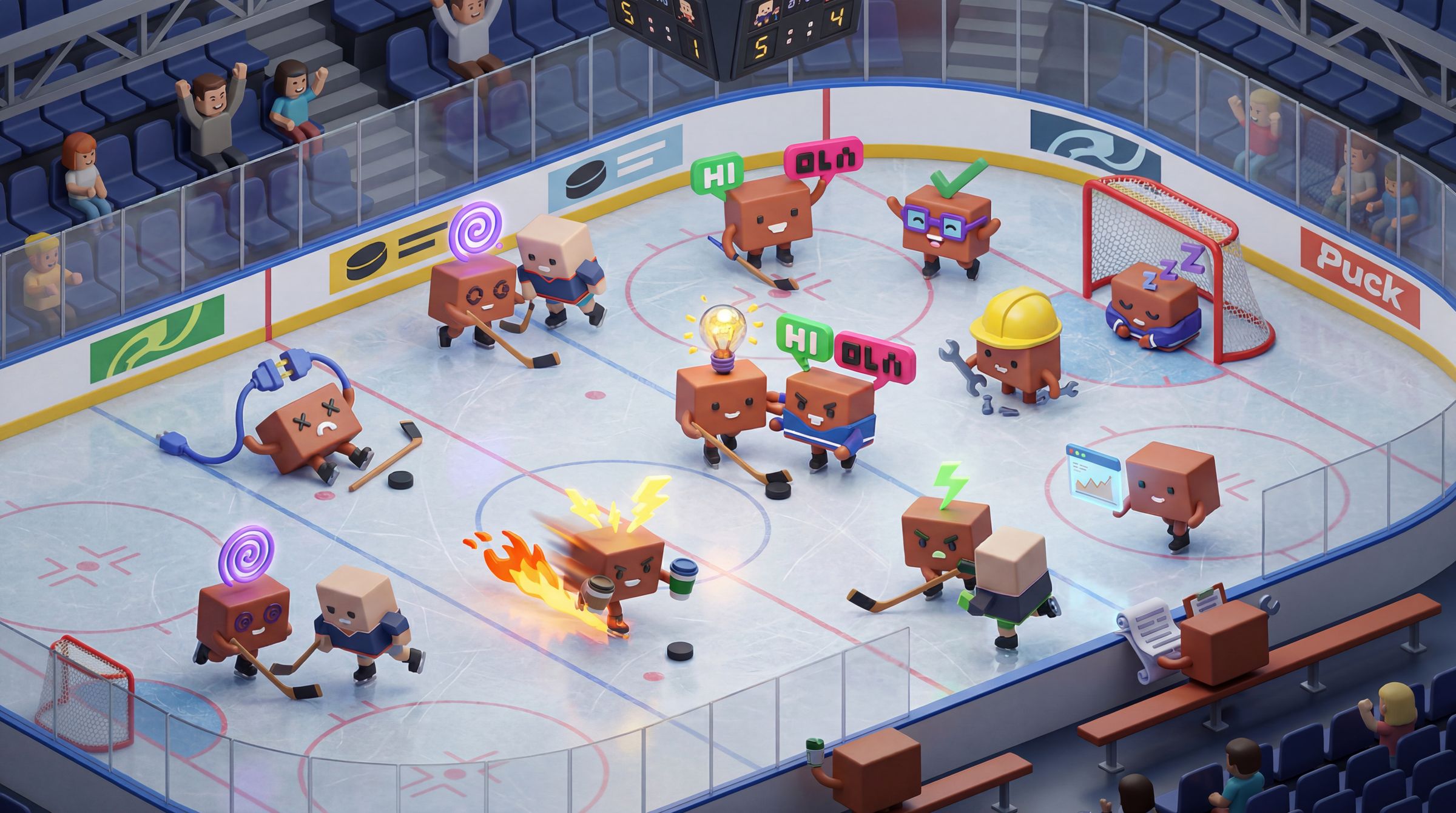 Cardboard mascots skate and compete on an icy hockey rink with nets, pucks and arena lighting.