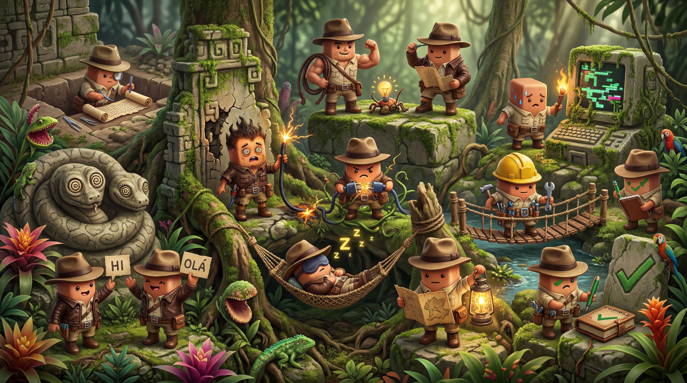 Cardboard mascots discover ancient ruins and lush jungle vegetation as intrepid archaeologists.