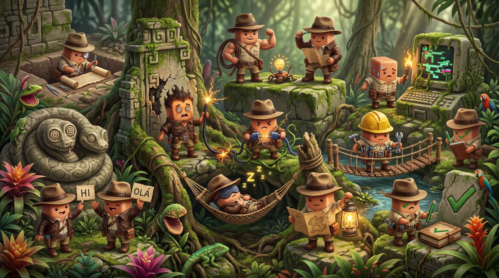 Cardboard mascots discover ancient ruins and lush jungle vegetation as intrepid archaeologists.