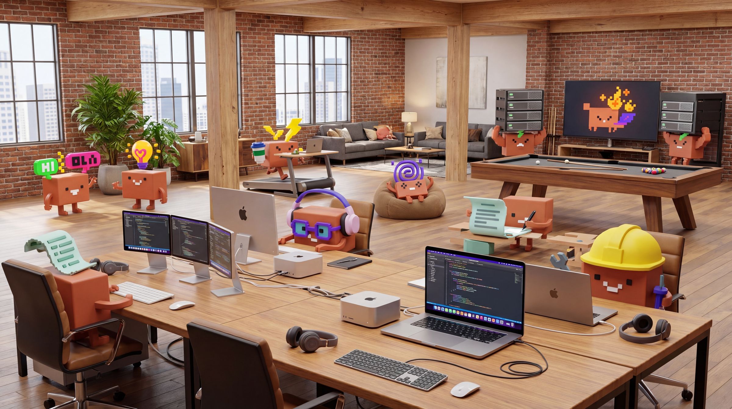 Cardboard mascots work across an open-plan creative loft with exposed brick, plants and modern furniture.