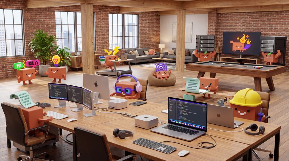 Cardboard mascots work across an open-plan creative loft with exposed brick, plants and modern furniture.