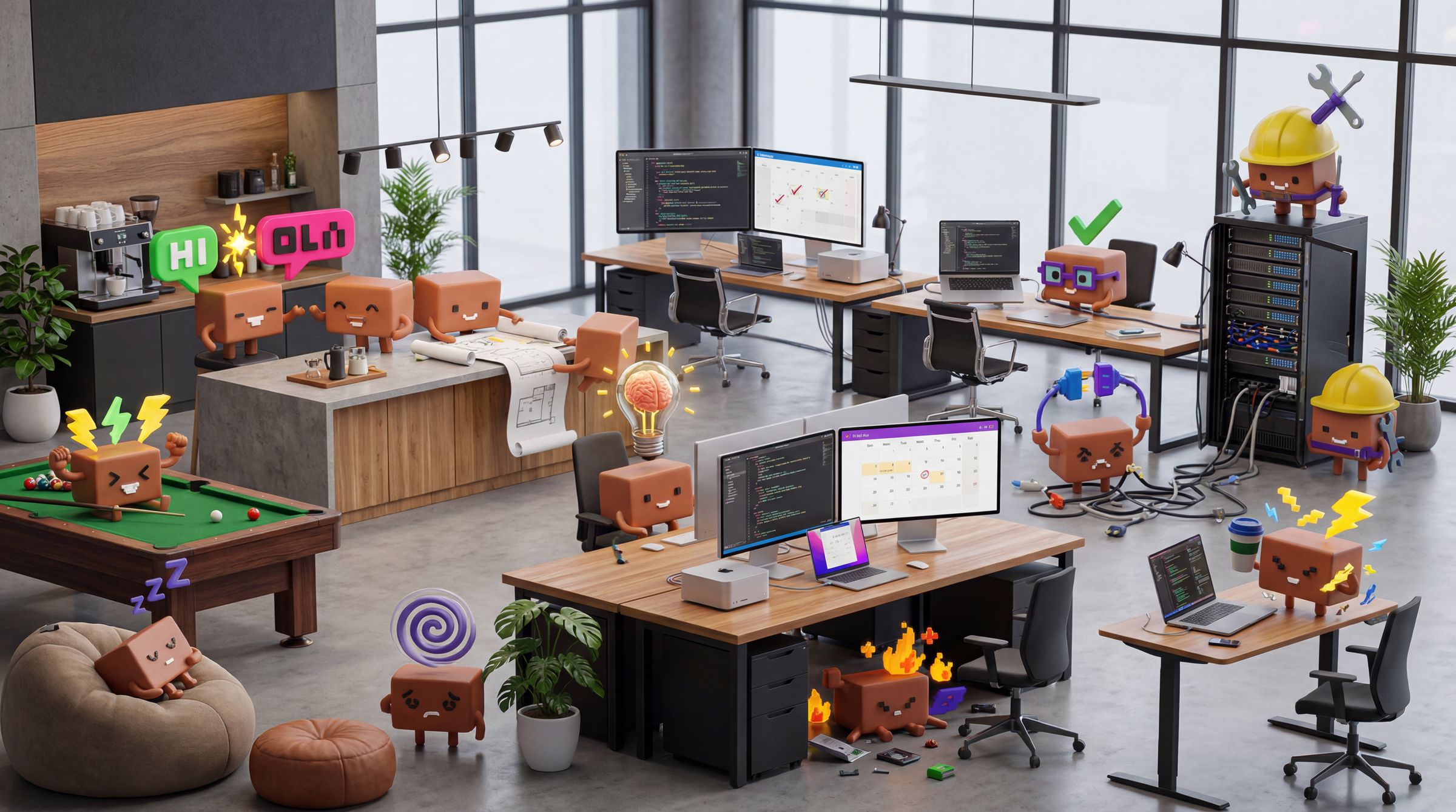 Cardboard mascots collaborate in a sleek modern office with large windows, plants and contemporary desks.