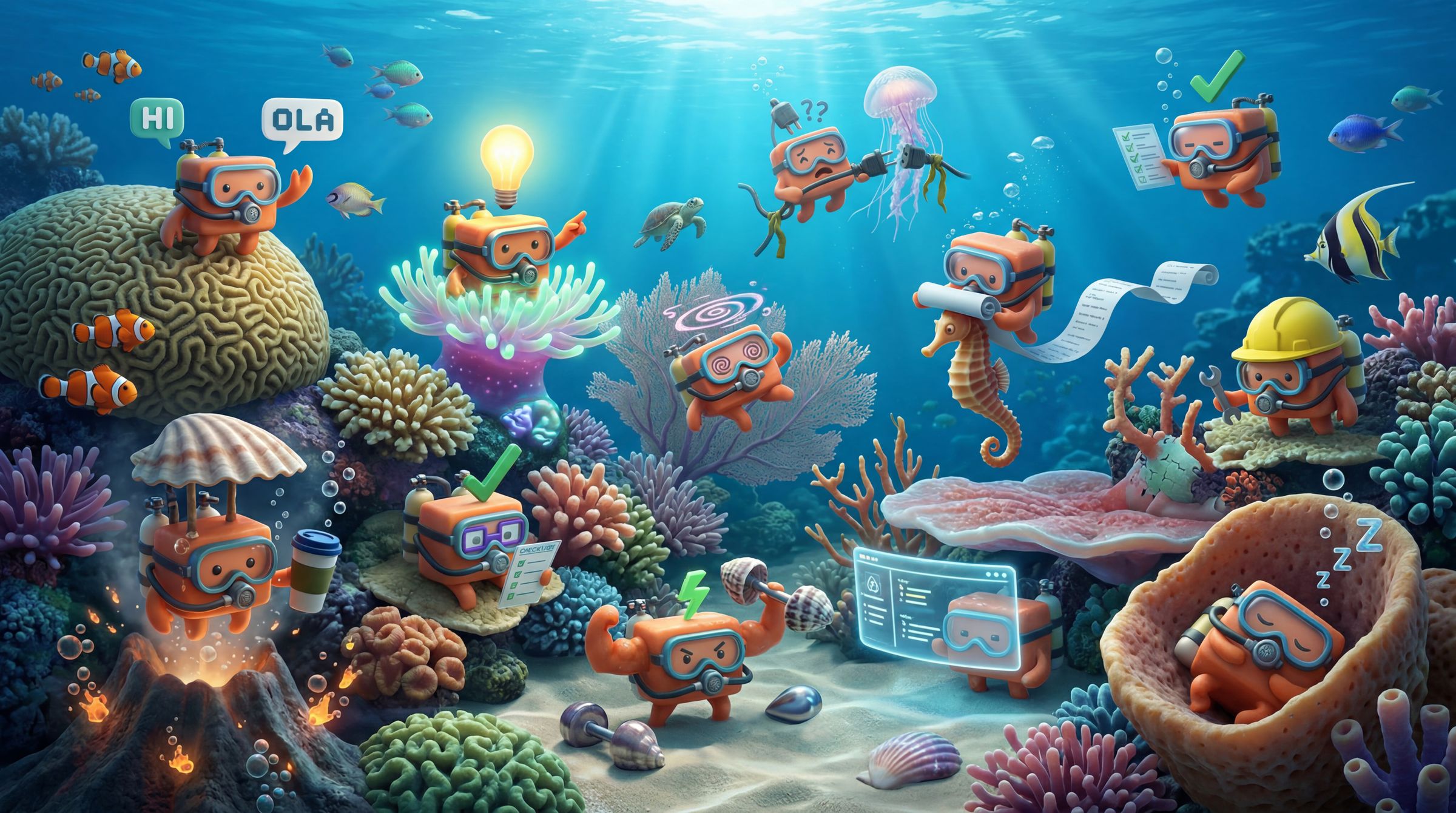 Cardboard mascots explore a vibrant coral reef surrounded by fish, jellyfish and marine life.