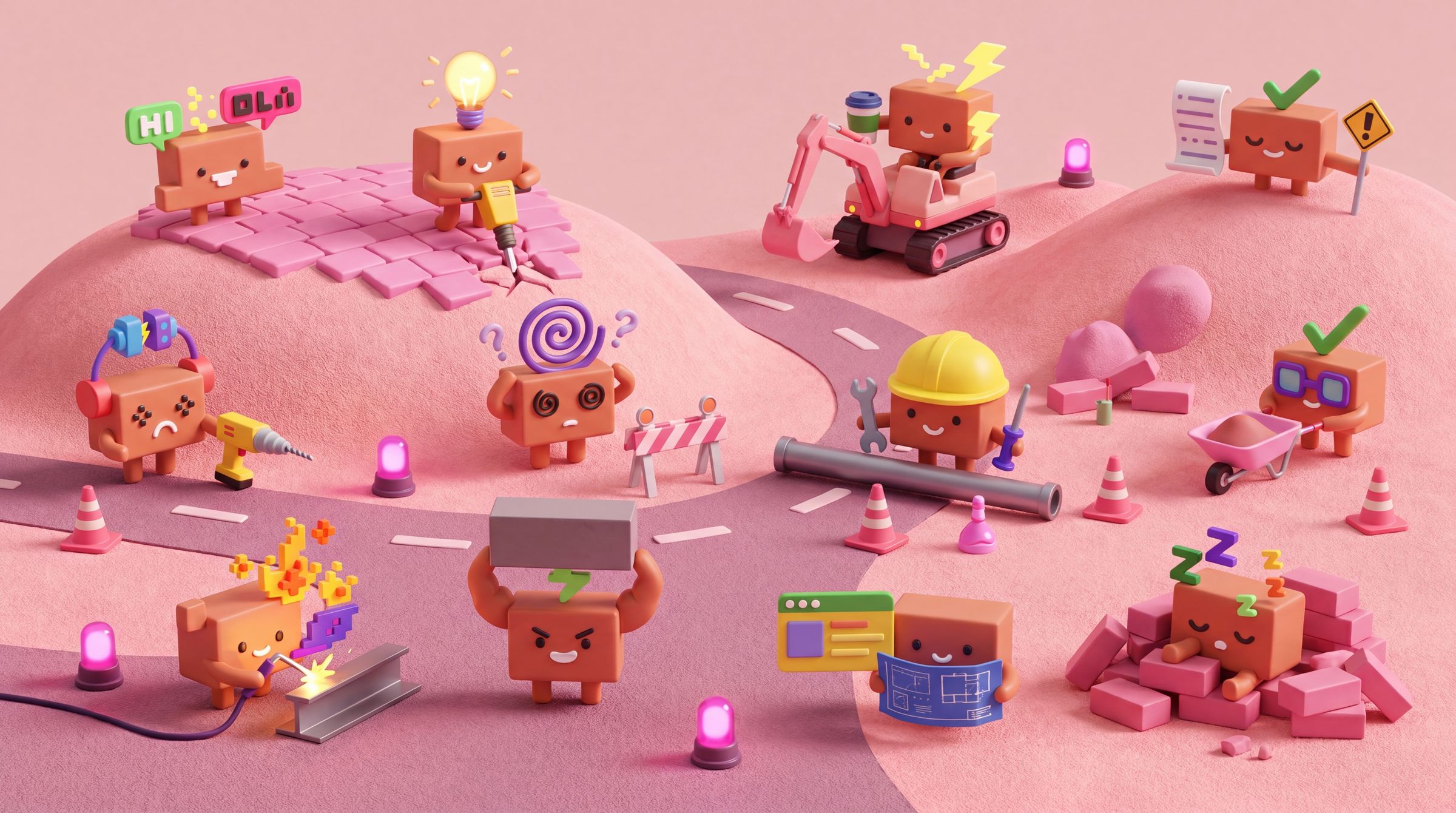 Claude mascots work a cotton-candy-pink construction site with a mini excavator, road cones, jackhammers and a tidy rubble pile.