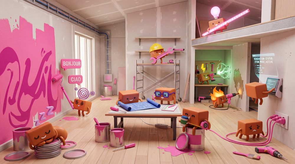 Claude mascots renovate a pink-painted apartment with paint rollers, scaffolding, spilled buckets and a neon-lit storeroom.