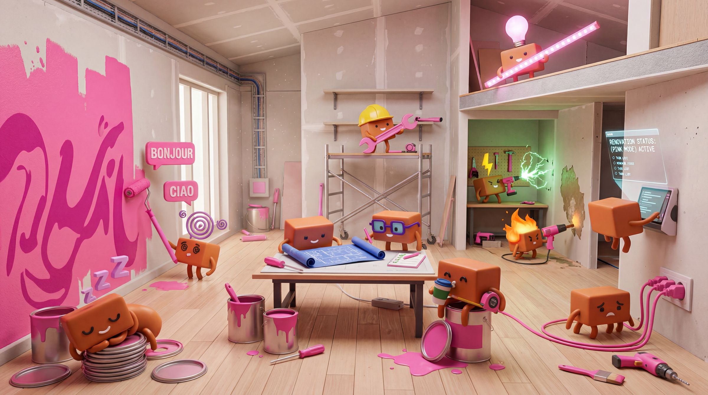 Claude mascots renovate a pink-painted apartment with paint rollers, scaffolding, spilled buckets and a neon-lit storeroom.