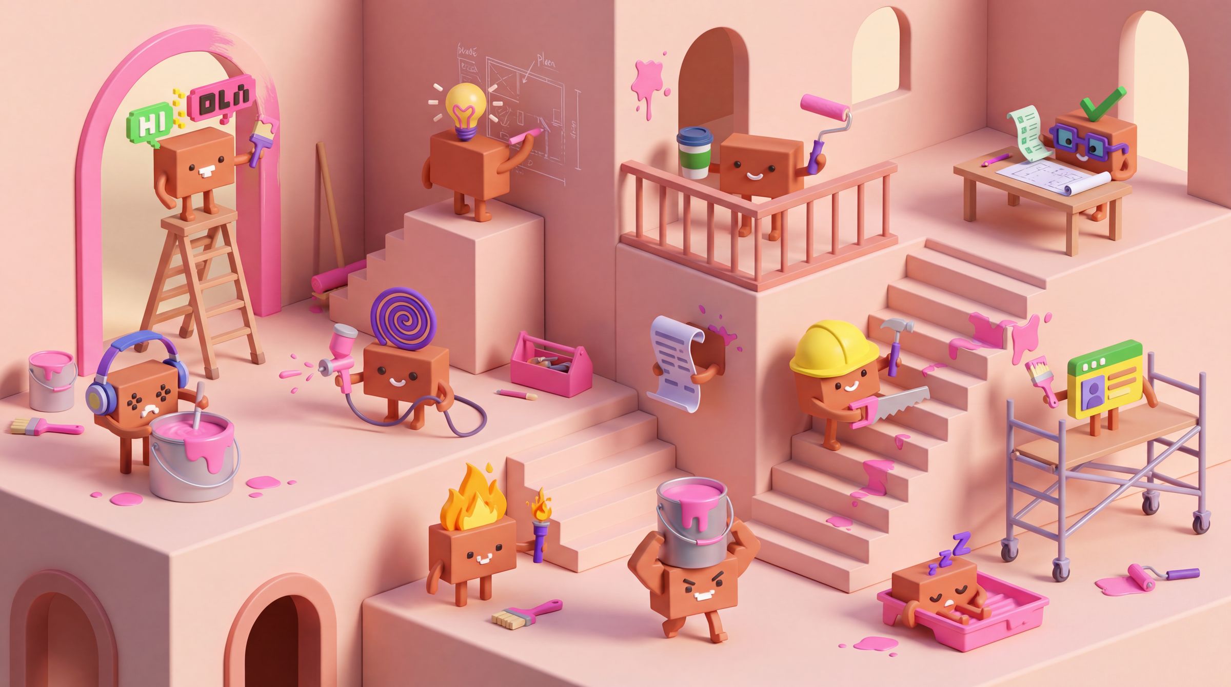Isometric pink studio where Claude mascots paint walls, climb ladders and sketch plans across stepped levels and archways.