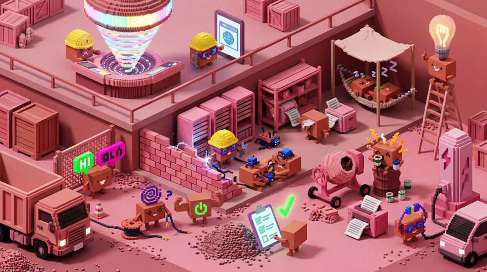 Isometric pink warehouse scene where Claude mascots stack crates, drive a pink truck and inspect machinery under a glittering disco ball.