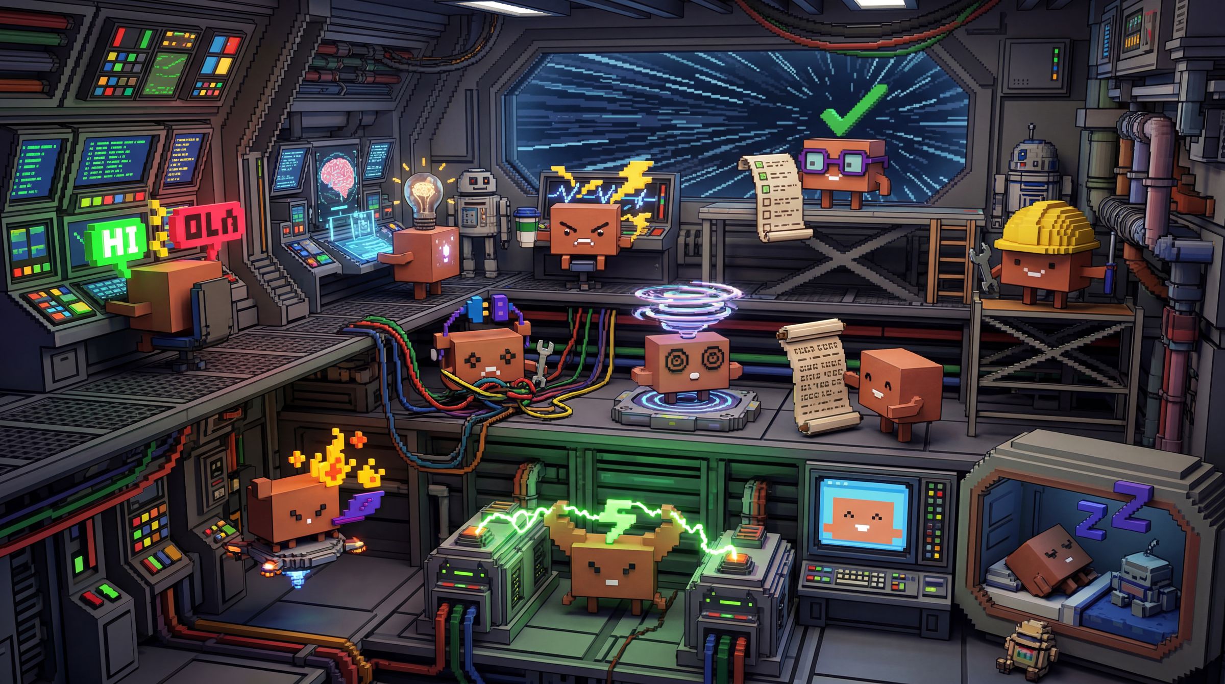 Pixelated cardboard mascots pilot a glowing command bridge filled with neon controls and displays.