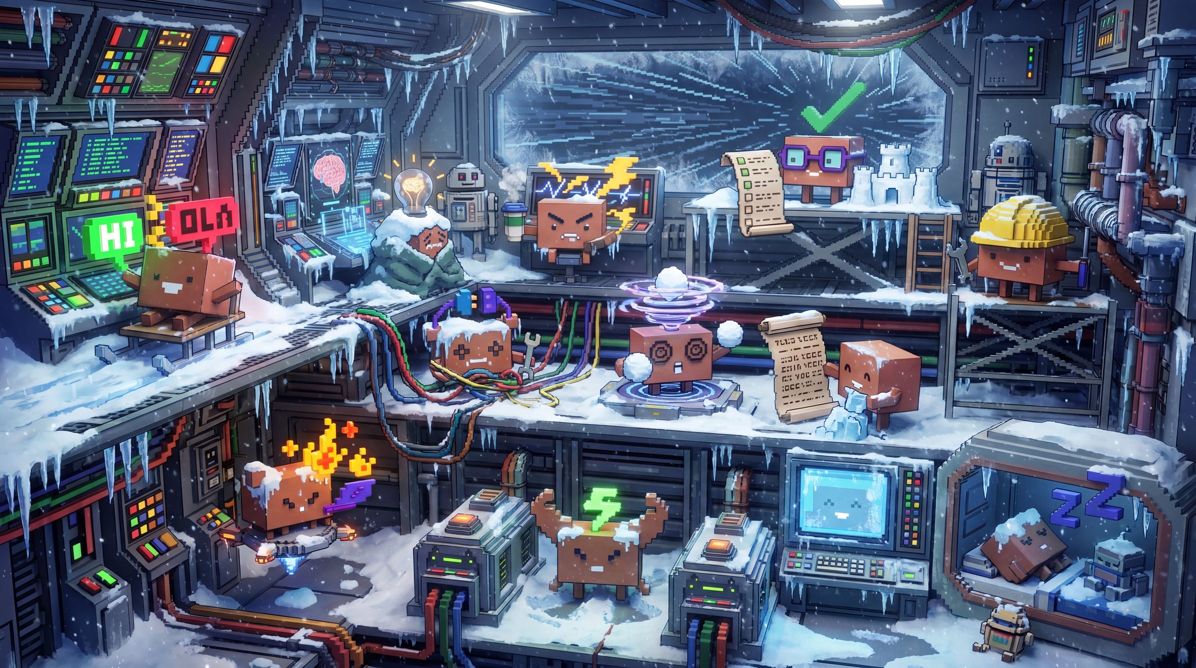 Cardboard mascots stand on icy platforms in a snowy command station with neon-lit frozen controls.