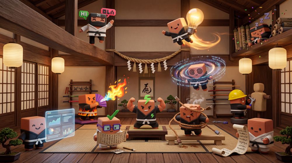 Cardboard mascots gather in a peaceful sacred temple with wooden beams, art and contemplative ambiance.