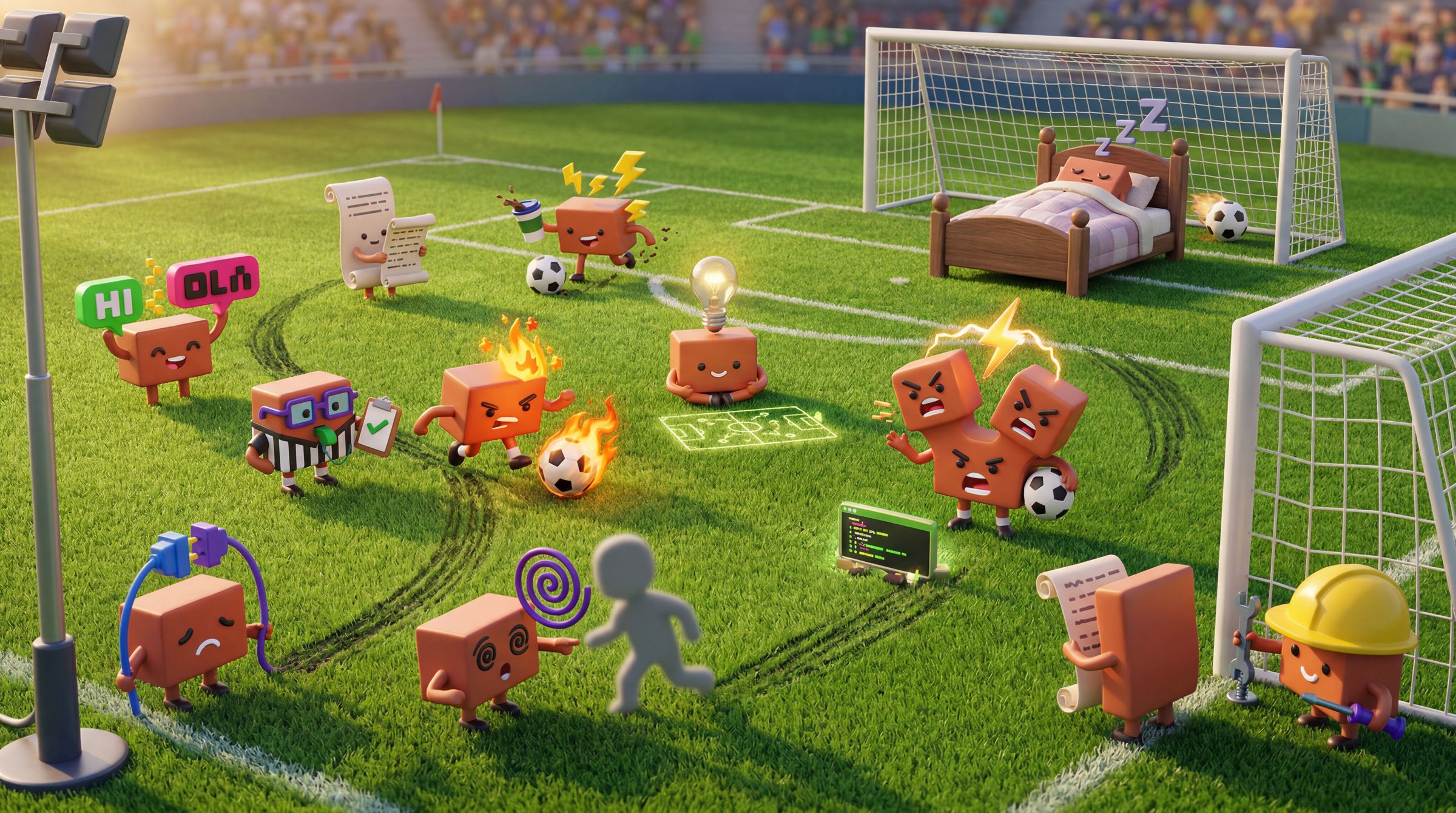 Cardboard mascots participate in a chaotic soccer match with furniture and multiple goal areas on grass.
