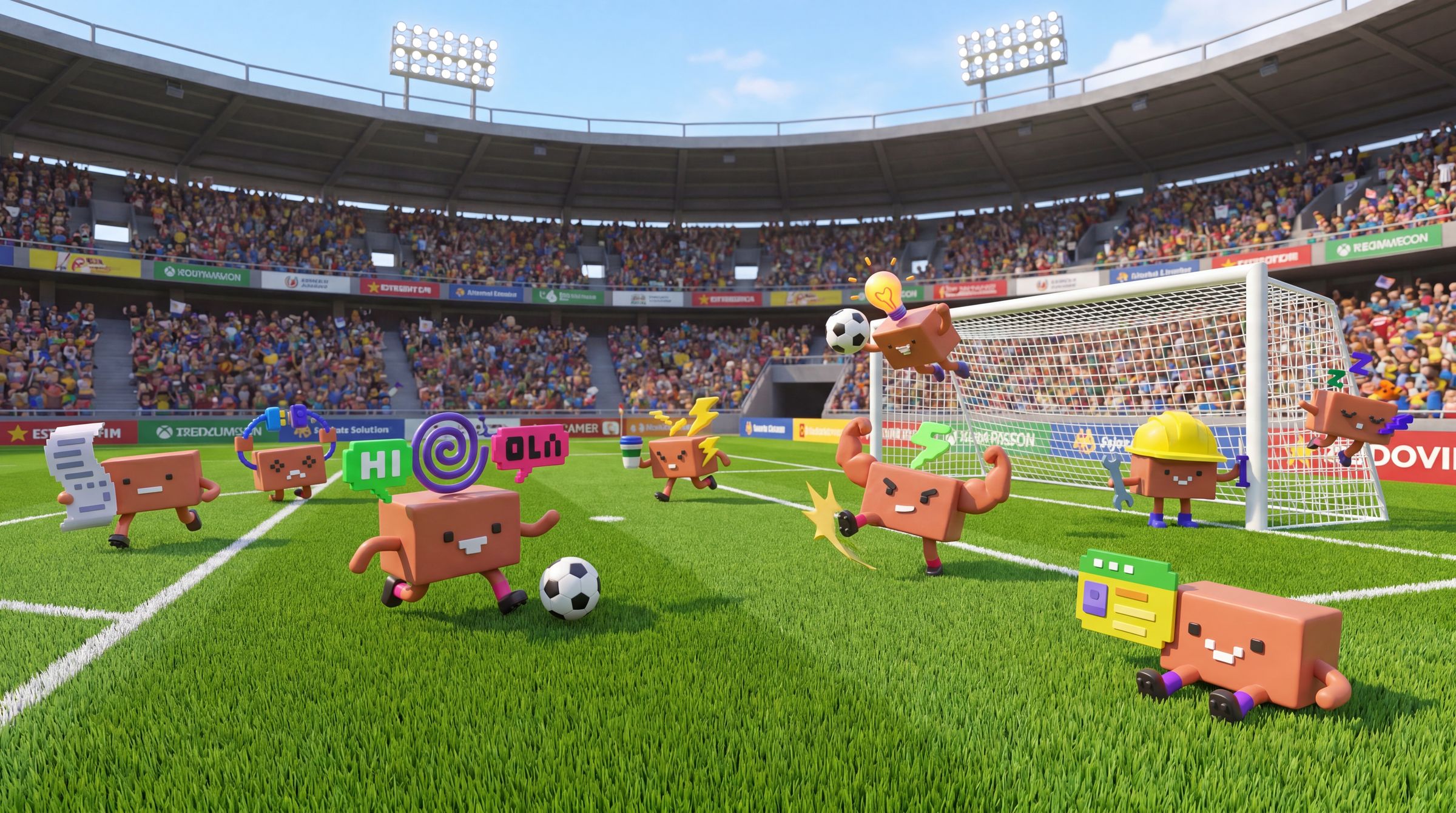 Cardboard mascots play an energetic soccer game in a packed stadium with crowds and goal posts.