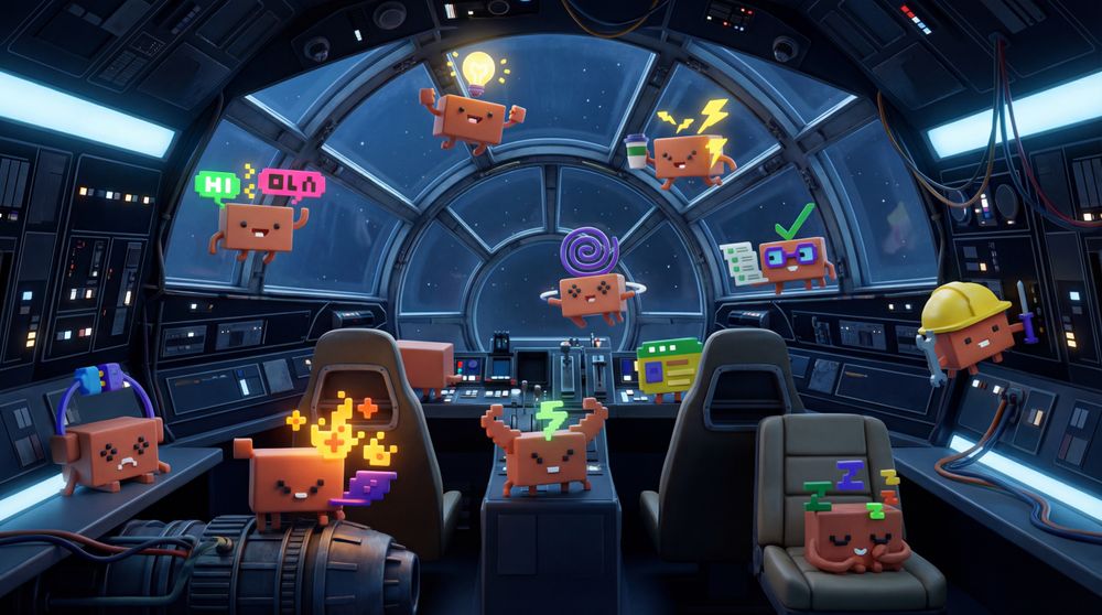 Cardboard mascots navigate a futuristic spacecraft cockpit with panoramic windows overlooking space.