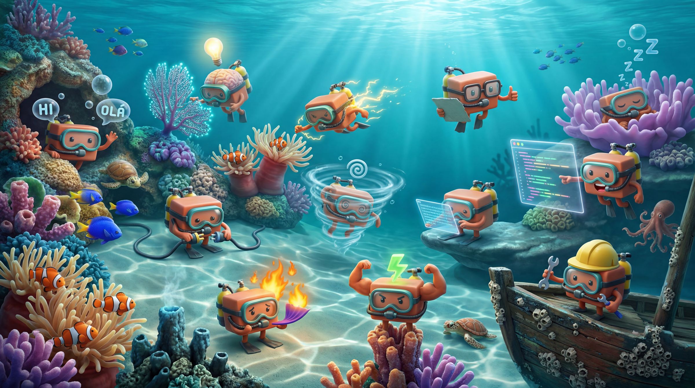 Cardboard mascots pilot submarines through colourful underwater terrain with corals and sea creatures.