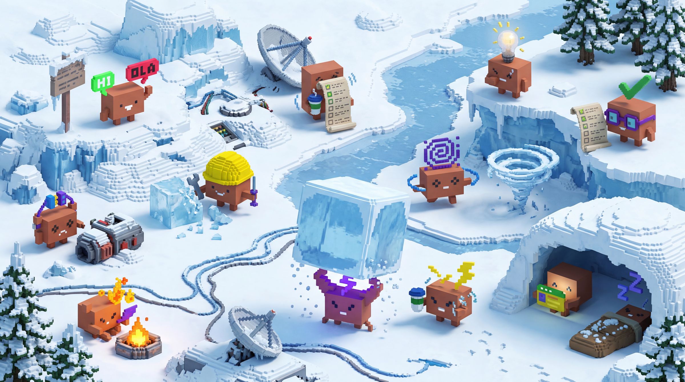 Cardboard mascots explore a voxel-style arctic terrain with geometric ice structures and frozen paths.