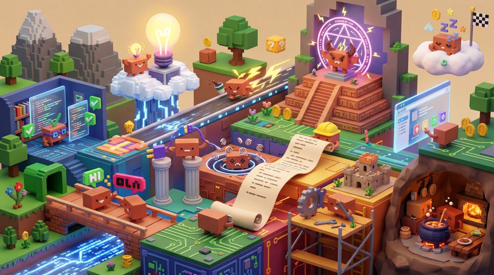 Voxel Claude mascots run a fantasy kingdom of stepped pyramids, floating cloud islands, a neon portal and a dragon-guarded cavern.