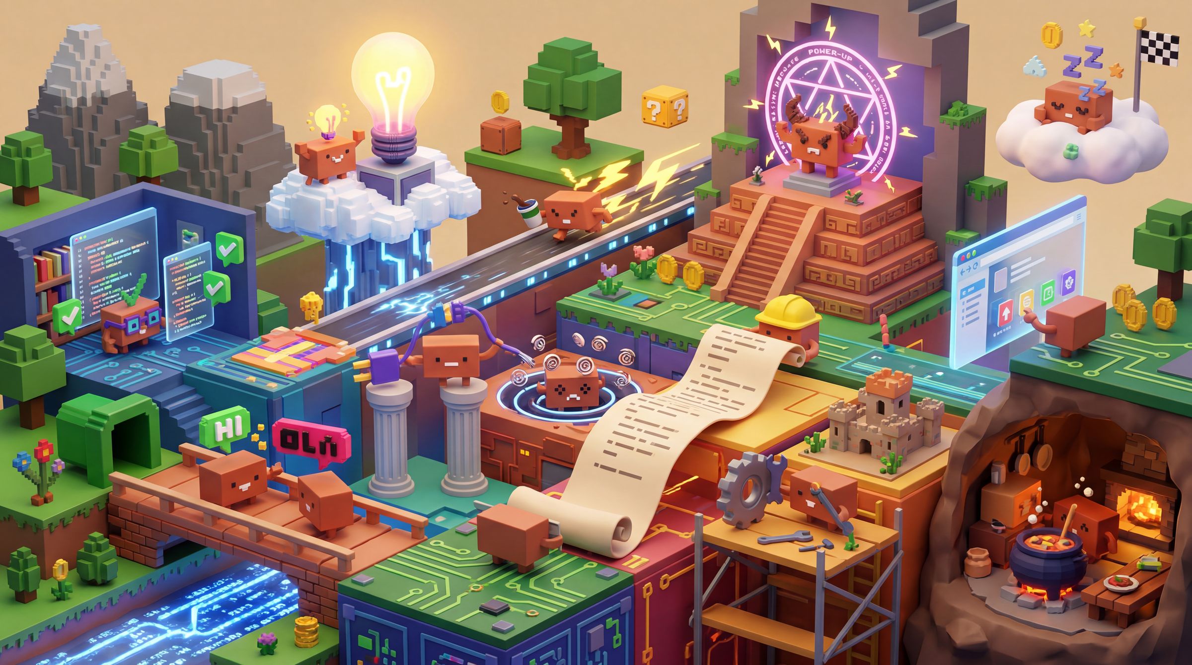Voxel Claude mascots run a fantasy kingdom of stepped pyramids, floating cloud islands, a neon portal and a dragon-guarded cavern.