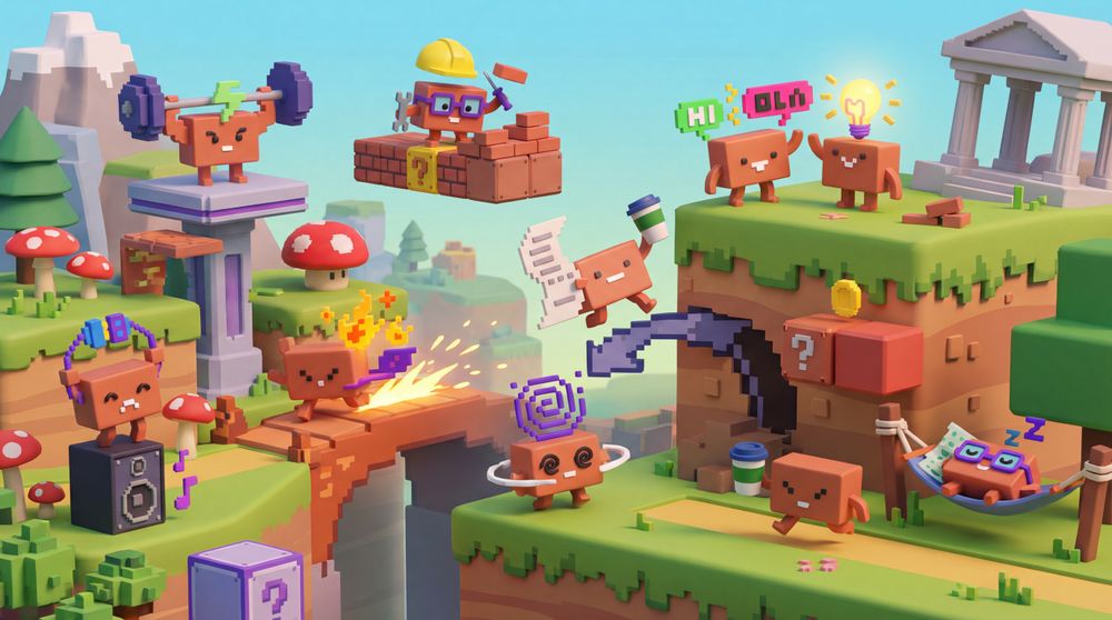 Voxel Claude mascots leap between grassy platforms in a Mario-style world with mushrooms, question blocks, Greek ruins and a builder laying bricks.