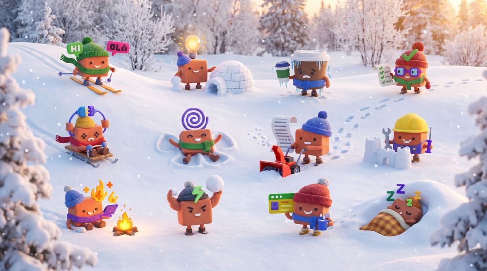 Cardboard mascots play and work in a snowy landscape with igloos, campfires and winter activities.