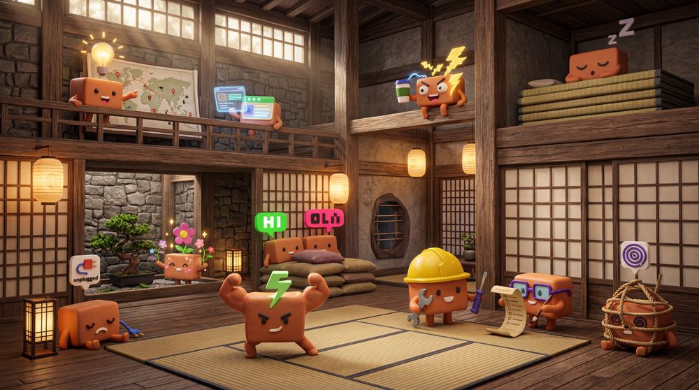 Cardboard mascots engage in activities inside a rustic wooden Japanese-style dojo with lanterns and scrolls.