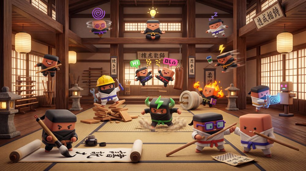 Cardboard mascots meditate and practice in a serene zen monastery with traditional architecture and lanterns.